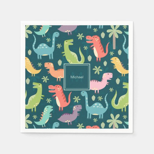 Dinosaur Pattern Blue Monogrammed Kind Boy Party Servet (Voorkant)