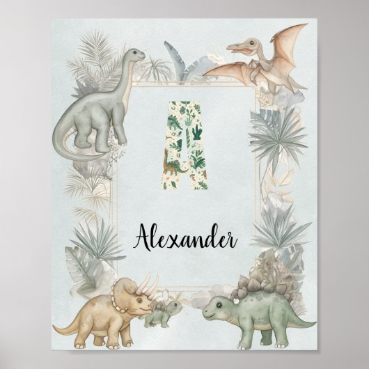 Dinosaur Personalized Name Monogram A Nursery Poster (Voorkant)