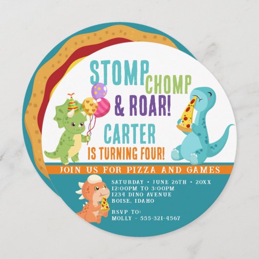 Dinosaur Pizza Party Round Invitation (Devant / Derrière)