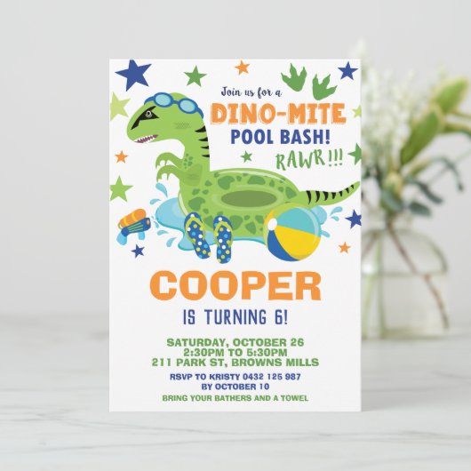 Dinosaur Pool Birthday Party Bash Boy Dino Floatie Kaart (Staand voorkant)