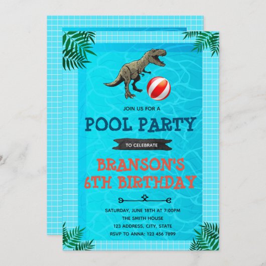 Dinosaur pool party thema uitnodiging (Voorkant / Achterkant)