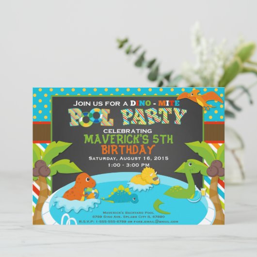 Dinosaur Pool Party Uitnodiging - Verjaardagsfeest (Staand voorkant)