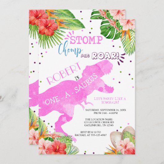 Dinosaur premier anniversaire Invitation fille (Devant / Derrière)