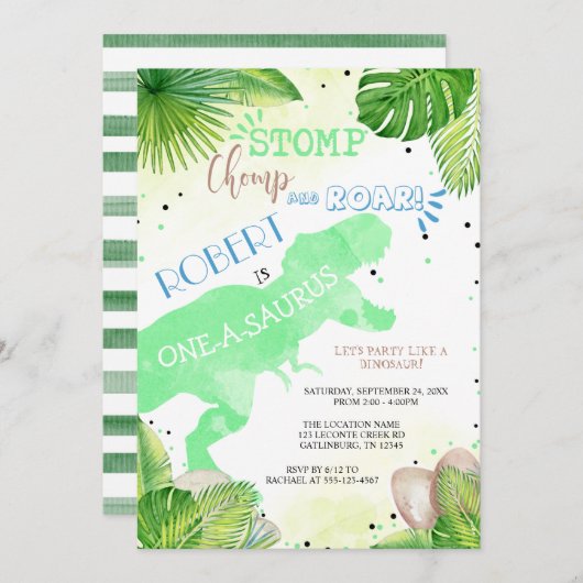 Dinosaur premier anniversaire Invitation garçon (Devant / Derrière)