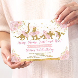Dinosaur Princess Ballerina Pink Floral Birthday Kaart