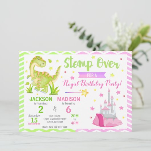 Dinosaur & Princess Joint Birthday Invitation (Debout devant)