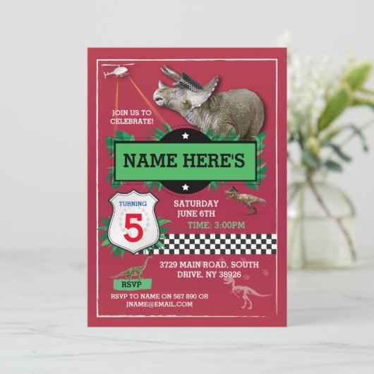 Dinosaur Red Cops Fun T-Rex Blue Kaart (Staand voorkant)