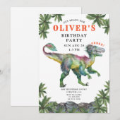 Dinosaur Red Green Black Kind Birthday Uitnodiging (Voorkant / Achterkant)