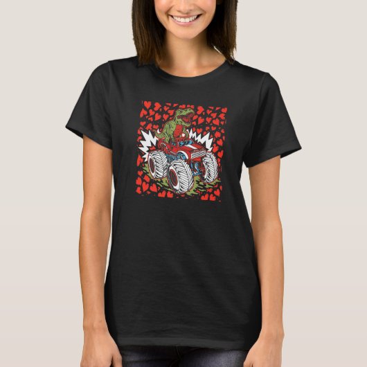 Dinosaur Riding Monster Truck Valentijnsdag Rex H T-shirt (Voorkant)