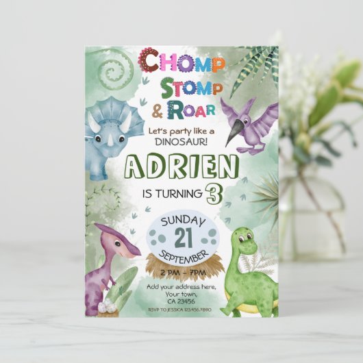 Dinosaur Roar Anniversaire Fête Invitation (Debout devant)