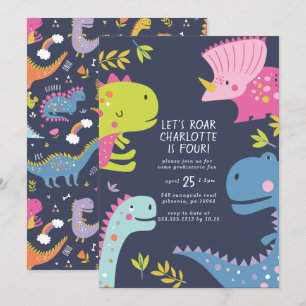 Dinosaur Roar Girls Birthday Pink Kaart