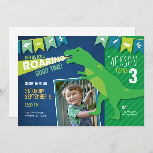 Dinosaur Roaring Boy Anniversaire Fête Invitation (Devant / Derrière)