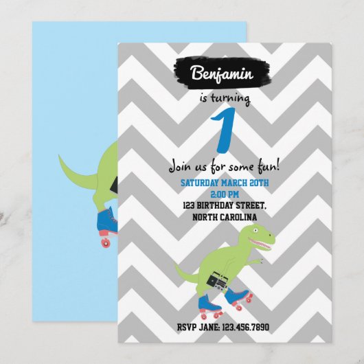 Dinosaur Roller Skating Holding Radio Birthday Kaart (Voorkant / Achterkant)