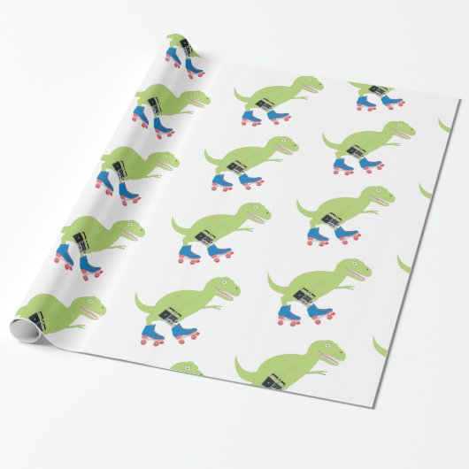 Dinosaur Roller Skating Holding Radio Cadeaupapier (Uitgerold)