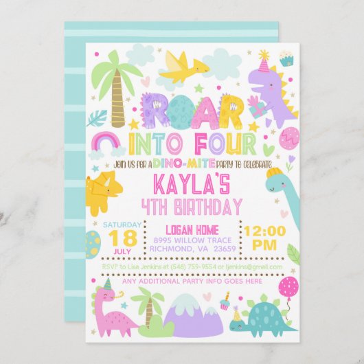 Dinosaur rugit dans quatre Invitation de 4e annive (Devant / Derrière)