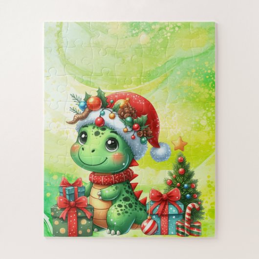 Dinosaur Schattigee Groene Kinderen Kerst Puzzel (Verticaal)