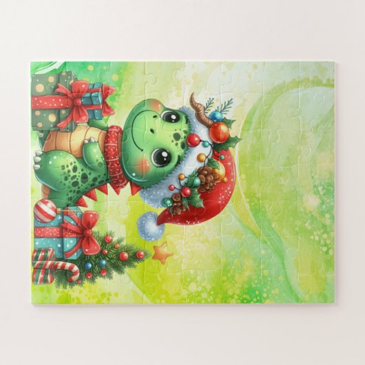 Dinosaur Schattigee Groene Kinderen Kerst Puzzel Legpuzzel (Horizontaal)