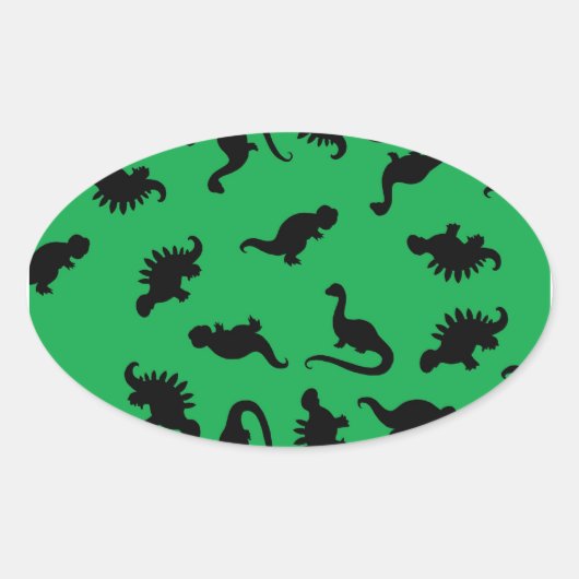 Dinosaur Silhouettes over Groene Achtergrondpatroo Ovale Sticker (Voorkant)