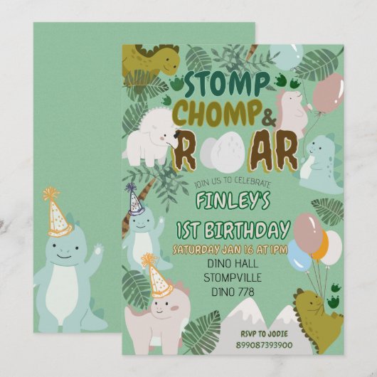 Dinosaur stomp chomp and roar birthday invitation  (Devant / Derrière)