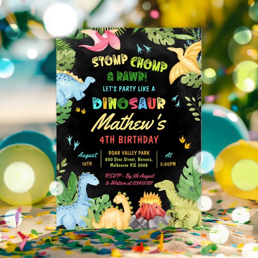 Dinosaur Stomp Chomp en Rawr T-Rex verjaardagsfees Kaart