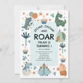 Dinosaur Stomp Chomp en Roar Eerste Verjaardag Kaart (Voorkant)