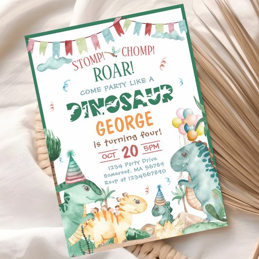 Dinosaur Stomp Chomp en Roar T-Rex verjaardagsfees Kaart
