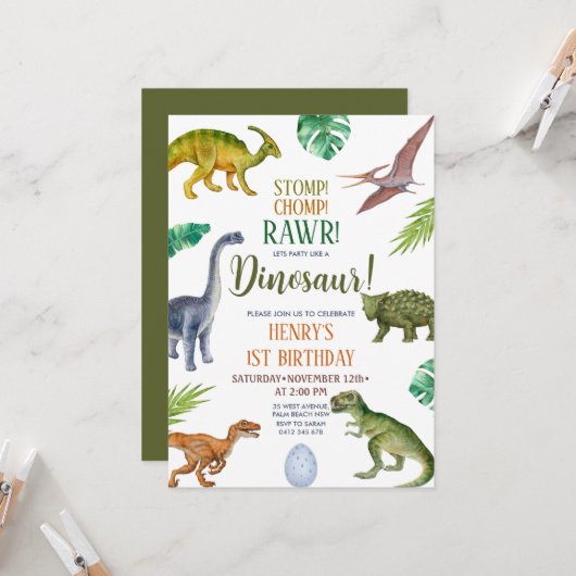 Dinosaur Stomp Chomp Rawr 1st Birthday Boy Party Kaart (Voorkant / Achterkant in situ)