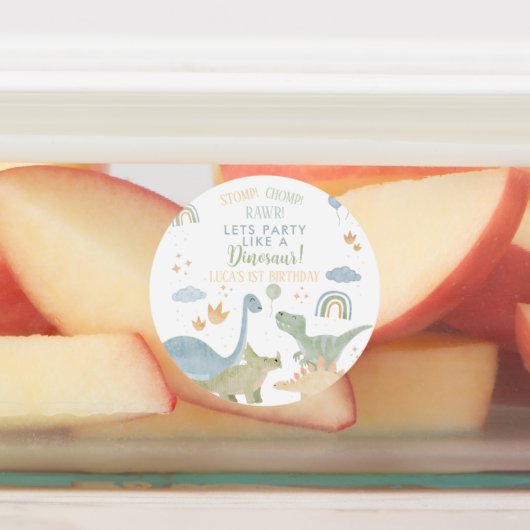 Dinosaur Stomp Chomp Rawr 1st Birthday Party Boy Labels (Aangebracht)