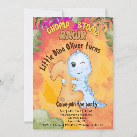 Dinosaur Stomp Chomp Rawr 2nd birthday party Kaart (Voorkant)