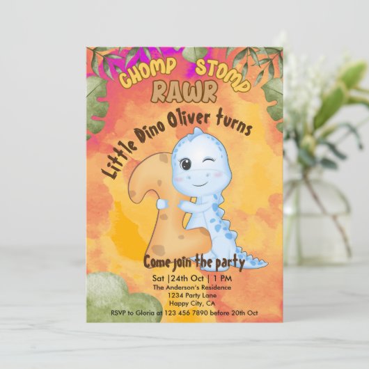 Dinosaur Stomp Chomp Rawr 2nd birthday party Kaart (Staand voorkant)