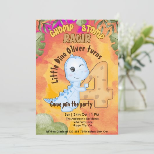 Dinosaur Stomp Chomp Rawr 4e verjaardagsfeestje Kaart (Staand voorkant)