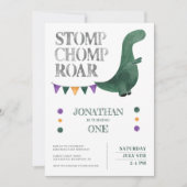 Dinosaur Stomp Chomp Roar 1st Birthday Kaart (Voorkant)