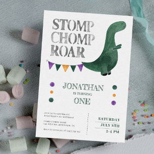 Dinosaur Stomp Chomp Roar 1st Birthday Kaart
