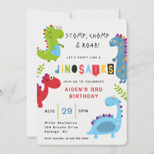 Dinosaur Stomp Chomp Roar Kids Verjaardag Uitnodig Kaart