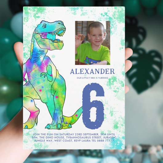 Dinosaur T-Rex 6e Verjaardagsfeest Waterverf Kaart