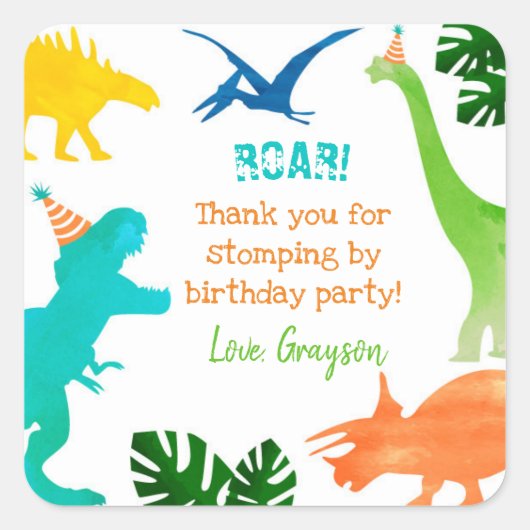 Dinosaur T-rex Birthday Dank u wel stickers labels (Voorkant)