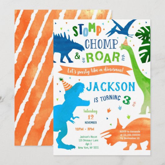 Dinosaur T-rex Birthday Party Kaart (Voorkant / Achterkant)
