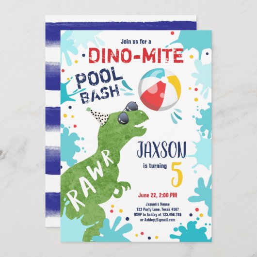 Dinosaur T-Rex Dino Mite Pool Bash Boy Blue Party Kaart (Voorkant / Achterkant)