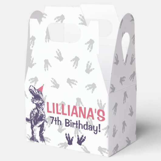 Dinosaur T-Rex in Party Pet Pink & Paarse Birthday Bedankdoosjes (Geopend)