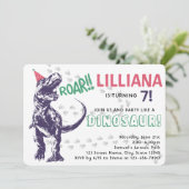 Dinosaur T-Rex in Party Pet Pink & Paarse Birthday Kaart (Staand voorkant)