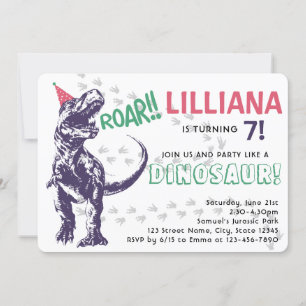 Dinosaur T-Rex in Party Pet Pink & Paarse Birthday Kaart