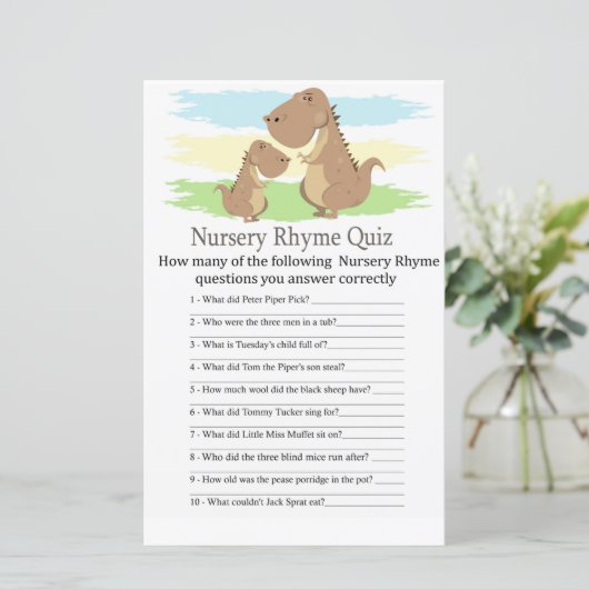 Dinosaur T-rex Nursery Rhyme Quiz baby shower game (Staand voorkant)