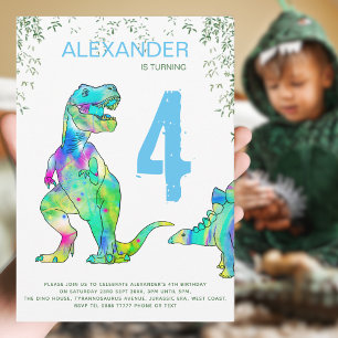 Dinosaur T. rex oerwoud 4th Birthday Party blue Kaart