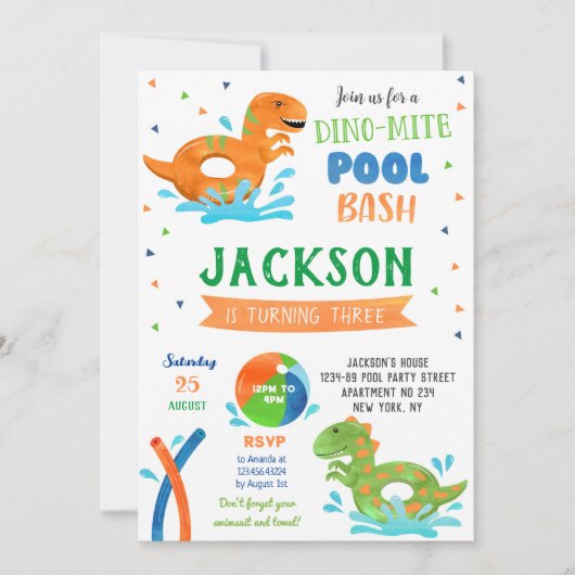 Dinosaur T-rex Pool Party Anniversaire Invitations (Devant)