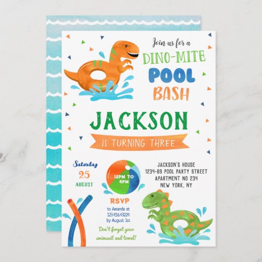 Dinosaur T-rex Pool Party Birthday Invitations Save The Date (Voorkant / Achterkant)