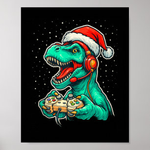 Dinosaur T Rex speelt videogame Santa Hat Christ Poster