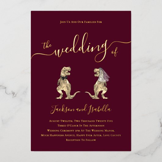 Dinosaur thema Bruiloftsbordeaux en goud Folie Uitnodiging (Voorkant)