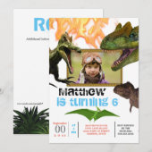 Dinosaur thema verjaardagsfeest t-rex foto vlammen kaart (Voorkant / Achterkant)