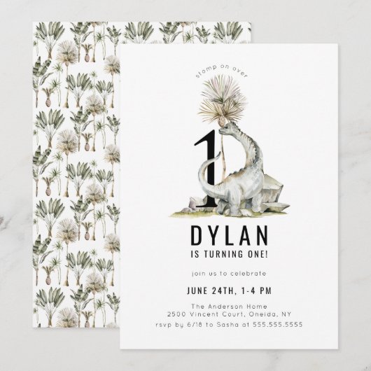 Dinosaur Theme 1st Birthday Party Kaart (Voorkant / Achterkant)