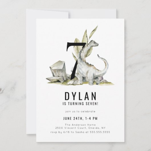 Dinosaur Theme 7th Birthday Party Kaart (Voorkant)